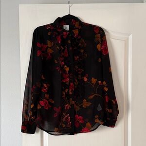 CAbi Black Blouse with Red and Orange Floral Design